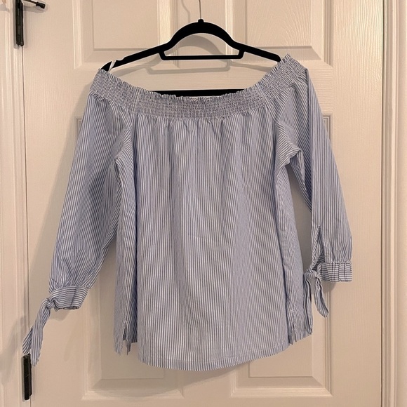 LOFT | Off Shoulder Blue Stripe 3/4 Sleeve Top with Tie Sleeves Size S - Picture 4 of 4